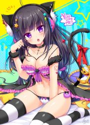 Rule 34 | 1girl, :o, ahoge, animal ear fluff, animal ears, babydoll, bare shoulders, between breasts, black choker, black hair, breasts, cable, cat ears, cat girl, cat tail, choker, cleavage, collarbone, cross, crotch seam, dated, fangs, frills, hair ornament, hand up, head tilt, headphones, heart, heart tattoo, latin cross, lingerie, long hair, looking at viewer, medium breasts, open mouth, original, panties, picpicgram, pillow, purple eyes, red ribbon, ribbon, signature, sitting, solo, speech bubble, star (symbol), striped clothes, striped thighhighs, tail, tattoo, thighhighs, thighs, underwear, v-shaped eyebrows, very long hair, wariza, white panties