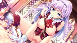 Rule 34 | 1boy, 1girl, armlet, ashley arvasti, blue eyes, blush, bottomless, braid, breasts, censored, cowgirl position, crown braid, floating hair, game cg, girl on top, hair between eyes, hetero, iris mysteria!, large breasts, long hair, mosaic censoring, nipples, official art, open mouth, penis, red neckwear, sex, silver hair, straddling, underbust, vaginal, very long hair