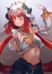 Rule 34 | 1girl, blue nails, blunt bangs, blush, brooch, closed eyes, closed mouth, clothing cutout, crop top, dancer, dancing, ebipote3, facing viewer, forehead jewel, genshin impact, gold trim, harem outfit, highres, horns, jewelry, long hair, long sleeves, low twintails, midriff, nail polish, navel, neck ring, nilou (genshin impact), parted bangs, puffy long sleeves, puffy sleeves, red hair, smile, solo, stomach, twintails, twitter username, veil, vision (genshin impact)