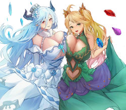 Rule 34 | 2girls, absurdres, ahoge, arms behind back, asymmetrical docking, bare shoulders, blonde hair, blue flower, blue hair, breast press, breasts, bright pupils, cleavage, clothes lift, clothing cutout, commission, cowboy shot, de la fille, draph, dress, earrings, elbow gloves, flower, fur collar, fur trim, gem, gloves, gradient hair, granblue fantasy, green eyes, grin, hair between eyes, hair flower, hair ornament, halter dress, halterneck, highres, horns, huge breasts, izmir, jewelry, jiang (kplrt 07), large breasts, light blue hair, long hair, looking at viewer, multicolored hair, multiple girls, navel cutout, open mouth, pixiv commission, pointy ears, red eyes, simple background, skirt, skirt lift, sleeveless, sleeveless dress, smile, snowflake hair ornament, swept bangs, tsurime, twintails, underboob, very long hair, white background