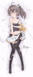 Rule 34 | 1girl, absurdres, ahoge, arm under breasts, bare shoulders, bed sheet, black camisole, black pantyhose, black ribbon, blue eyes, blush, breasts, brown hair, camisole, camisole pull, cat hair ornament, clothes pull, collarbone, crop top, dakimakura (medium), full body, green ribbon, hair between eyes, hair ornament, hair ribbon, highres, hololive, jacket, jacket pull, looking at viewer, lying, medium breasts, medium hair, miniskirt, natsuiro matsuri, natsuiro matsuri (1st costume), navel, neck ribbon, nose blush, on back, open clothes, open jacket, orange jacket, pantyhose, pinstripe camisole, pinstripe pattern, pleated skirt, ribbon, side ponytail, side slit, signature, skirt, skirt pull, solo, spaghetti strap, striped, torn clothes, torn pantyhose, tr24, virtual youtuber, white skirt