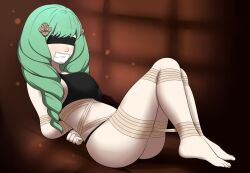 Rule 34 | 1girl, ass, bdsm, black bra, black panties, blindfold, blush, bondage, bound, bra, breasts, brown background, brown rope, covered mouth, dankestofdans, feet, female focus, fire emblem, fire emblem: three houses, flayn (fire emblem), gag, gagged, green hair, huge ass, improvised gag, intelligent systems, large breasts, long hair, lying, nintendo, panties, rope, shiny clothes, shiny skin, solo, tape, tape gag, thick thighs, thighs, underwear, underwear only, very long hair