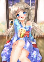 Rule 34 | 1girl, blue eyes, drink, fang, highres, japanese clothes, kimono, little busters!, long hair, mogupuchi, noumi kudryavka, silver hair, sitting, solo, window