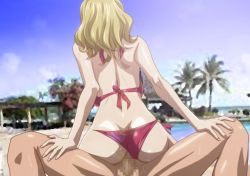 Rule 34 | 1girl, ass, back, backboob, bikini, bikini bottom only, blonde hair, breasts, censored, clothed female nude male, code geass, day, from behind, girl on top, kyabakurabakufu, large breasts, legs, lying, milly ashford, mosaic censoring, nude, outdoors, palm tree, penis, pussy, red bikini, sex, short hair, sitting, sitting on person, sky, solo focus, spread legs, straddling, sweat, swimsuit, thighs, tree, vaginal
