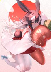 Rule 34 | 1girl, :3, akuma (st.takuma), animal ears, bare shoulders, black hair, blue eyes, bridal gauntlets, chinese zodiac, commentary request, detached sleeves, full body, gloves, gradient hair, hair between eyes, heterochromia, highres, japanese clothes, long hair, looking at viewer, multicolored hair, original, rabbit ears, rabbit girl, rabbit tail, sandals, smile, solo, streaked hair, stuffed carrot, tail, thighhighs, white gloves, white hair, white thighhighs, wide sleeves, year of the rabbit, yellow eyes, zouri