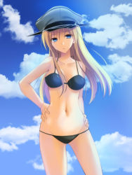 Rule 34 | 10s, 1girl, bare shoulders, bikini, bismarck (kancolle), black bikini, blonde hair, blue eyes, blue sky, blush, breasts, collarbone, contrapposto, cowboy shot, day, groin, hands on own hips, hat, kantai collection, long hair, looking at viewer, medium breasts, military hat, navel, peaked cap, sky, solo, standing, swimsuit, takepon