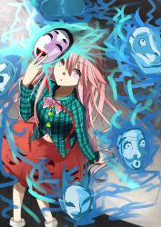 Rule 34 | 1girl, checkered clothes, checkered shirt, from above, fuotchan, hata no kokoro, highres, long hair, looking at viewer, looking up, mask, mask on head, navel, pink eyes, pink hair, shirt, sitting, solo, touhou
