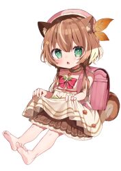 Rule 34 | 1girl, aged down, animal ears, ayunda risu, ayunda risu (1st costume), backpack, bag, bare shoulders, barefoot, beret, blush, dress, green eyes, hat, highres, hololive, hololive indonesia, looking at viewer, low twintails, noi mine, pink hat, randoseru, short hair with long locks, skirt hold, solo, squirrel ears, squirrel girl, squirrel tail, tail, triangle mouth, twintails, virtual youtuber, white dress
