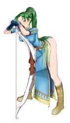 Rule 34 | 0-pie, 1girl, bent over, blue dress, boots, bow (weapon), breasts, dress, earrings, fingerless gloves, fire emblem, fire emblem: the blazing blade, full body, gloves, green eyes, green hair, highres, jewelry, leaning forward, leaning on object, long hair, looking at viewer, lyn (fire emblem), medium breasts, nintendo, parted bangs, pelvic curtain, ponytail, simple background, smile, solo, standing, thighs, weapon, white background