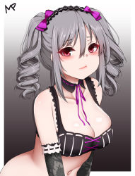 Rule 34 | 1girl, absurdres, bad id, bad pixiv id, bare shoulders, black bra, black gloves, blush, bra, breasts, cleavage, closed mouth, detached collar, elbow gloves, gloves, gradient background, grey background, grey hair, hair between eyes, highres, idolmaster, idolmaster cinderella girls, kanzaki ranko, leaning forward, lips, looking at viewer, mapar, navel, signature, solo, stomach, underwear, underwear only, upper body