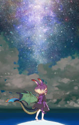 Rule 34 | 1girl, 4n, blonde hair, child, dragon girl, dragon tail, dragon wings, dress, female focus, from behind, highres, horns, night, short hair, sky, solo, star (sky), starry sky, tail, wings