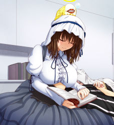 Rule 34 | 1boy, 1girl, black hair, bonnet, book, braid, breasts, brown hair, charlotte corday (fate), charlotte corday (second ascension) (fate), closed eyes, command spell, dress, fate/grand order, fate (series), fujimaru ritsuka (male), fujimaru ritsuka (male) (polar chaldea uniform), hasebe akira, highres, juliet sleeves, kiyohime (fate), lap pillow, large breasts, long sleeves, nose bubble, on head, puffy sleeves, smile