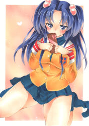 Rule 34 | 00s, 1girl, bad id, bad pixiv id, blue eyes, blue hair, chocolate, clannad, hair bobbles, hair ornament, highres, ichinose kotomi, long hair, marker (medium), school uniform, shie (m417), sitting, traditional media, twintails, two side up, wariza
