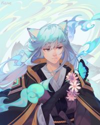 Rule 34 | 1boy, animal ears, artist name, blue butterfly, bug, butterfly, closed mouth, flower, fox boy, fox ears, gloved handjob, guardian tales, handjob, highres, holding, holding flower, insect, kane 5g, korean clothes, long hair, looking to the side, multicolored hair, multiple tails, nine tailed fox garam, tail, upper body