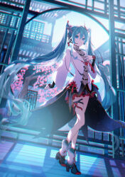 Rule 34 | 1girl, absurdres, an d 01, aqua eyes, aqua hair, blue nails, boots, bow, cherry blossoms, coat, frilled skirt, frills, hair between eyes, hair ornament, hatsune miku, headphones, high heel boots, high heels, highres, long hair, looking at viewer, nail polish, open clothes, open coat, red bow, skirt, smile, twintails, very long hair, vocaloid, white coat