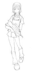 Rule 34 | absurdres, aged up, assault rifle, bullpup, fn f2000, fn herstal, full body, goggles, goggles around neck, greyscale, gun, hair ornament, hairclip, highres, leg warmers, lineart, mary janes, misaka imouto, modular weapon system, monochrome, nikubanare, rifle, shoes, simple background, sketch, skirt, solo, standing, toaru kagaku no railgun, toaru majutsu no index, weapon, white background