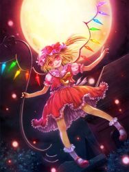 Rule 34 | 1girl, :d, blonde hair, fangs, flandre scarlet, flying, frilled skirt, frills, full moon, hat, laevatein, light particles, mary janes, misaki (kyal 001), mob cap, moon, night, open mouth, puffy short sleeves, puffy sleeves, red eyes, shoes, short hair, short sleeves, side ponytail, skirt, smile, touhou, vest, wings