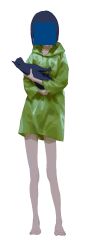 Rule 34 | 1girl, absurdres, aq ll, bare legs, blue hair, cat, censored, commentary request, feet, full body, green jacket, green raincoat, highres, holding statuette, hood, hood down, identity censor, jacket, long sleeves, original, raincoat, short hair, simple background, solo, statue, white background