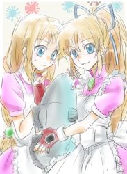 Rule 34 | 2girls, apron, blonde hair, blue eyes, breasts, dress, dual persona, fingerless gloves, fish, frills, gloves, lilith aileron, long hair, multiple girls, ponytail, smile, tales of (series), tales of destiny