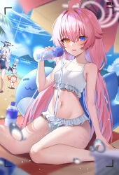 Rule 34 | 1boy, 3girls, absurdres, ahoge, doodle sensei (blue archive), arona (blue archive), bare shoulders, beach, beach umbrella, beads, bikini, bikini skirt, black bikini, blue archive, blue eyes, blue hair, blue one-piece swimsuit, blue sky, blush, bottle, bow hairband, cloud, collarbone, colored inner hair, day, demon horns, demon wings, frilled bikini, frills, hair beads, hair between eyes, hair ornament, hairband, halo, heterochromia, highres, hina (blue archive), hina (swimsuit) (blue archive), holding, holding bottle, horns, hoshino (blue archive), hoshino (swimsuit) (blue archive), inflatable toy, inflatable whale, kneeling, leimimomomo, light blue hair, long hair, looking at another, looking at viewer, low wings, multicolored hair, multiple girls, navel, official alternate costume, old school swimsuit, one-piece swimsuit, open mouth, outdoors, pink hair, purple eyes, school swimsuit, sensei (blue archive), sidelocks, sitting, sky, solo focus, spilling, stomach, strap slip, streaked hair, swimsuit, thighs, umbrella, very long hair, viewfinder, wariza, water, water bottle, wet, whistle, whistle around neck, white bikini, white hair, white hairband, wings, yellow eyes
