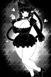 Rule 34 | 1girl, :q, animal ears, blunt bangs, bow, braid, breasts, cat ears, cat girl, cat tail, cleavage, closed mouth, commentary request, curvy, dress, extra ears, greyscale, hair bow, haseru (ginku mh), heart, high heels, huge breasts, jumping, kaenbyou rin, long sleeves, looking at viewer, monochrome, multiple tails, nekomata, pointy ears, side braids, sidelocks, smile, solo, tail, tongue, tongue out, touhou, twin braids, two tails
