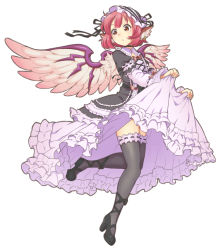 Rule 34 | 1girl, adapted costume, animal ears, black thighhighs, brown eyes, earrings, frilled thighhighs, frills, full body, gothic lolita, hat, jewelry, lolita fashion, miyaji, mystia lorelei, pink hair, ribbon, short hair, simple background, single earring, skirt hold, solo, thighhighs, too many, touhou, white background, wings