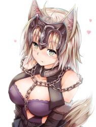 Rule 34 | 1girl, :t, animal ears, armor, blonde hair, blush, breasts, cangmi, chain, closed mouth, detached sleeves, eyebrows, fate/grand order, fate (series), from above, fur trim, headpiece, heart, jeanne d&#039;arc (fate), jeanne d&#039;arc alter (avenger) (fate), jeanne d&#039;arc alter (fate), kemonomimi mode, looking at viewer, medium breasts, pout, short hair, silver hair, simple background, solo, tail, upper body, white background, yellow eyes