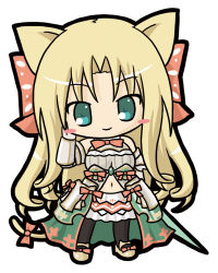 Rule 34 | 1girl, animal ears, bad id, bad pixiv id, bare shoulders, black pantyhose, blonde hair, blush stickers, bow, brown bow, brown footwear, cat ears, cat girl, cat tail, character request, chibi, closed mouth, emil chronicle online, full body, gloves, green eyes, grey shirt, hair bow, hand up, head tilt, holding, long hair, mary janes, midriff, navel, pantyhose, ri-net, ringlets, shirt, shoes, simple background, skirt, sleeveless, sleeveless shirt, smile, solo, sword, tail, tail bow, tail ornament, vambraces, very long hair, weapon, white background, white gloves, white skirt