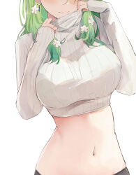Rule 34 | 1girl, breasts, ceres fauna, closed mouth, collar tug, flower, green hair, hair flower, hair half over shoulder, hair ornament, hand up, head out of frame, hololive, hololive english, large breasts, long sleeves, midriff, navel, shuuzo3, smile, solo, stomach, sweater, turtleneck, virtual youtuber, white background, white flower, white sweater