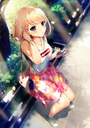 Rule 34 | 1girl, adjusting hair, arm up, bag, bare back, bare legs, blonde hair, blue eyes, bracelet, breasts, cellphone, closed mouth, clothes writing, collarbone, commentary request, dappled sunlight, day, floral print, full body, handbag, holding, holding phone, jewelry, medium breasts, minamihama yoriko, necklace, necktie, no socks, original, outdoors, phone, pink skirt, plant, railing, shade, shirt, shirt tucked in, shoes, short hair, sitting, skirt, sleeveless, sleeveless shirt, smartphone, sneakers, solo, sunlight, tree, white footwear, white shirt