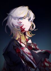 Rule 34 | 1girl, ascot, black ascot, blonde hair, blood, blood on face, blue eyes, closed mouth, collared shirt, faust (project moon), highres, jacket, limbus company, long sleeves, looking at viewer, multicolored hair, project moon, shirt, solo, streaked hair, upper body, wax seal, white hair, white jacket, ziv (ziw1004)