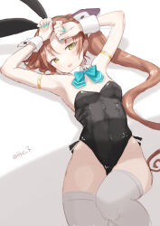 Rule 34 | 1girl, akigumo (kancolle), alternate costume, animal ears, black leotard, bow, bowtie, brown hair, detached collar, fake animal ears, green bow, green bowtie, green eyes, kantai collection, leotard, long hair, looking at viewer, lying, on back, one-hour drawing challenge, playboy bunny, ponytail, rabbit ears, simple background, solo, strapless, strapless leotard, tetsukuzu (yajirushi shita), thighhighs, twitter username, white thighhighs, wrist cuffs