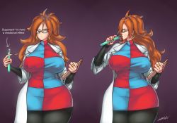 Rule 34 | 1girl, absurdres, android 21, blue eyes, breasts, brown hair, covered erect nipples, curvy, dragon ball, earrings, female focus, glasses, highres, jewelry, la potato, lab coat, large breasts, long hair, ring, solo, thick thighs, thighs, wide hips