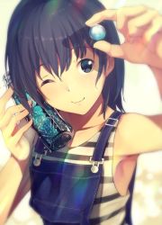 Rule 34 | 1girl, ;), arm up, black eyes, black hair, bottle, bottle to cheek, closed mouth, commentary request, fingernails, fujiwara mizuki, hair between eyes, head tilt, holding, holding bottle, long hair, looking at viewer, marble (toy), one eye closed, original, overalls, ramune, shirt, smile, solo, striped clothes, striped shirt