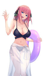 Rule 34 | 1girl, bikini, black bikini, black ribbon, blue eyes, blunt bangs, blush, bob cut, breasts, butterfly hair ornament, cleavage, collarbone, commentary request, go-toubun no hanayome, hair ornament, hair ribbon, holding, inflatable toy, large breasts, looking at viewer, nakano nino, navel, open mouth, pink hair, ribbon, see-through, see-through skirt, short hair, sidelocks, simple background, skirt, smile, solo, standing, string bikini, swimsuit, teeth, two side up, uyufuzi s, waving, white background