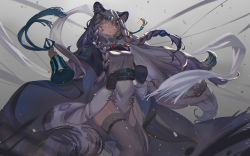 Rule 34 | 1girl, animal ears, arknights, bell, braid, breasts, dress, feet out of frame, grey background, grey cloak, grey eyes, grey hair, grey ribbon, grey thighhighs, highres, holding, holding bell, jewelry, leopard ears, leopard girl, leopard tail, long hair, looking at viewer, medium breasts, necklace, open mouth, pramanix (arknights), side braids, simple background, solo, tail, teeth, thighhighs, thighs, tiara, upper teeth only, very long hair, white dress, ying shi de xia yeji