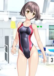 Rule 34 | 1girl, absurdres, black one-piece swimsuit, brown eyes, brown hair, cameltoe, commentary request, competition swimsuit, contrapposto, covered navel, groin, highres, indoors, looking to the side, multicolored clothes, multicolored swimsuit, one-piece swimsuit, original, short hair, solo, standing, starting block, swimsuit, takafumi, twintails, variant set, yagasuri