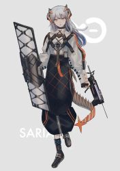 Rule 34 | 1girl, arknights, atori (atori412), black footwear, black skirt, boots, character name, commentary, full body, grey background, gun, head tilt, highres, holding, holding gun, holding shield, holding weapon, horns, long hair, long skirt, long sleeves, looking at viewer, orange eyes, parted lips, rhine lab logo, saria (arknights), shield, shirt, silver hair, simple background, skirt, solo, standing, symbol-only commentary, tail, weapon, white shirt