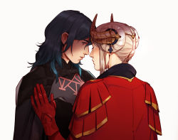 Rule 34 | 2girls, absurdres, blue hair, byleth (female) (fire emblem), byleth (fire emblem), cape, double bun, edelgard von hresvelg, fake horns, fire emblem, fire emblem: three houses, hair bun, hand on another&#039;s chest, highres, horned headwear, horns, lesly oh, looking at another, multiple girls, nintendo, silver hair, simple background, tiara, upper body, white background, yuri