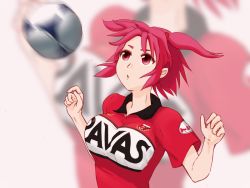 Rule 34 | 1girl, :o, ball, breasts, cr4781, female focus, hair bobbles, hair ornament, j. league, large breasts, onozuka komachi, red eyes, red hair, short hair, short twintails, soccer, soccer ball, soccer uniform, solo, sportswear, touhou, twintails, two side up, urawa red diamonds, zoom layer