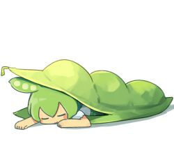 Rule 34 | 1girl, :&gt;, blush stickers, chibi, closed eyes, closed mouth, commentary request, facing viewer, food-themed sleeping bag, green hair, green shorts, highres, konohoshi, lying, on stomach, outstretched arm, pea pod, shirt, short sleeves, shorts, simple background, sleeping, sleeping bag, solo, under covers, voicevox, white background, white shirt, zundamon