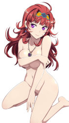 Rule 34 | 1girl, ahoge, blush, breast hold, breasts, charlotte hasting, cleavage, completely nude, covering privates, covering breasts, earrings, hairband, jewelry, kneeling, long hair, looking at viewer, medium breasts, nanashino, navel, necklace, nude, purple eyes, red hair, simple background, smile, solo, super robot wars, super robot wars v, wavy hair, white background