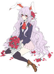 Rule 34 | 1girl, absurdres, animal ears, bad id, bad pixiv id, black thighhighs, blazer, boots, bouquet, crescent, cross-laced footwear, female focus, flat color, flower, full body, high heels, highres, jacket, lace-up boots, long hair, petals, pleated skirt, purple hair, rabbit ears, red eyes, red flower, red rose, reisen udongein inaba, rose, rose petals, shoes, simple background, sitting, skirt, slit pupils, solo, thighhighs, touhou, very long hair, wariza, white background, yutsumoe