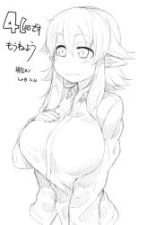 Rule 34 | 1girl, asakawa remon, breasts, greyscale, large breasts, monochrome, original, pointy ears, remona-san, simple background, solo, white background