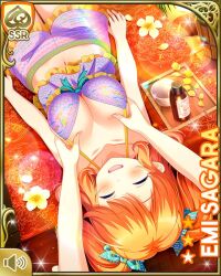 Rule 34 | 2girls, barefoot, blue bow, blue eyes, bow, breasts, card (medium), character name, closed eyes, girlfriend (kari), indoors, large breasts, lying, massage, multiple girls, official art, on back, open mouth, orange hair, purple shirt, purple shorts, qp:flapper, sagara emi, shirt, shorts, smile, standing, tagme, two side up