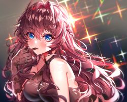 Rule 34 | 1girl, antenna hair, baocaizi, bare shoulders, blue eyes, blush, braid, breasts, dress, earrings, finger to mouth, floral print, glint, gloves, gradient background, grey background, hair between eyes, hair intakes, highres, ichinose shiki, idolmaster, idolmaster cinderella girls, jewelry, large breasts, lens flare, long hair, parted lips, print gloves, purple dress, purple gloves, purple hair, rose print, sleeveless, sleeveless dress, solo, upper body, very long hair