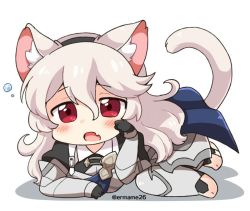 Rule 34 | 1girl, animal ears, armor, black hairband, blue cape, cape, cat ears, cat girl, cat tail, corrin (female) (fire emblem), corrin (fire emblem), eromame, fire emblem, fire emblem fates, hairband, long hair, nintendo, open mouth, red eyes, simple background, solo, tail, twitter username, white background, white hair