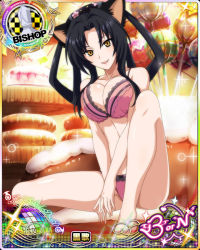 Rule 34 | 1girl, animal ears, bishop (chess), black hair, bow, bow bra, bow panties, bra, breasts, card (medium), cat ears, cat girl, character name, chess piece, fang, hair rings, hairband, high school dxd, high school dxd born, kuroka (high school dxd), large breasts, lingerie, lipstick, long hair, looking at viewer, makeup, multiple tails, official art, open mouth, panties, pink bra, pink panties, purple lips, sitting, slit pupils, smile, solo, tail, trading card, underwear, underwear only, yellow eyes