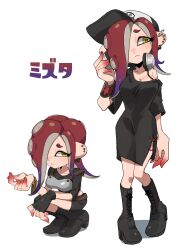 Rule 34 | 1girl, absurdres, armor, baseball cap, black dress, black footwear, black gloves, black shorts, boots, breasts, cephalopod eyes, character name, closed mouth, collarbone, colored skin, commentary request, dedf1sh, dress, ear piercing, fingerless gloves, food, gloves, hair over one eye, hat, headphones, headphones around neck, highres, ikachan pochan, knee boots, large breasts, long hair, multicolored hair, multiple views, nintendo, octoling, off shoulder, piercing, red hair, red skin, shorts, simple background, single glove, splatoon (series), splatoon 3, splatoon 3: side order, squatting, tentacle hair, thick eyebrows, white background, yellow eyes