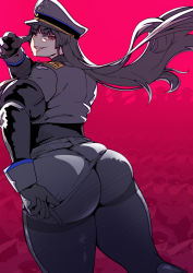 Rule 34 | 1girl, ass, black hair, breasts, from behind, gloves, grin, hat, huge ass, kandata nijou, large breasts, long hair, looking at viewer, looking back, military, military uniform, pantyhose, red eyes, sideboob, skirt, skirt hold, smile, solo, uniform, very long hair